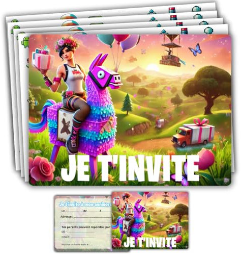 roxisha - Set di 10 biglietti d'invito compleanno a tema Fortnite + buste - Ragazzo e adolescente - cartolina 10,4 x 14,8 cm - preriempite in francese - Ideale per festa e festa di compleanno