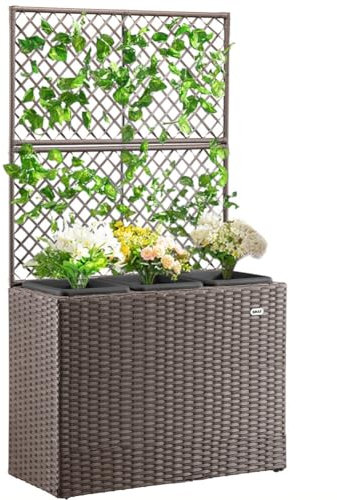 BAKAJI Fioriera da esterno con spalliera in polyrattan, 3 Vasi Removibili Contenitori per Piante, Traliccio da Esterno con grigliato ideale x Giardino, Balcone, Terrazzo, Pianta Rampicante (Marrone)