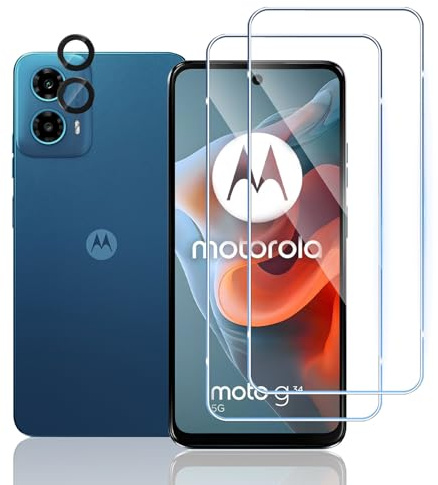 TUTUO Protector de Pantalla para Motorola Moto G34 5G, 2 Piezas Cristal Templado + 1 set Protector de Lente de Cámara, 9H Dureza Film HD Vidrio Templado, Sin Burbujas, Antiarañazos
