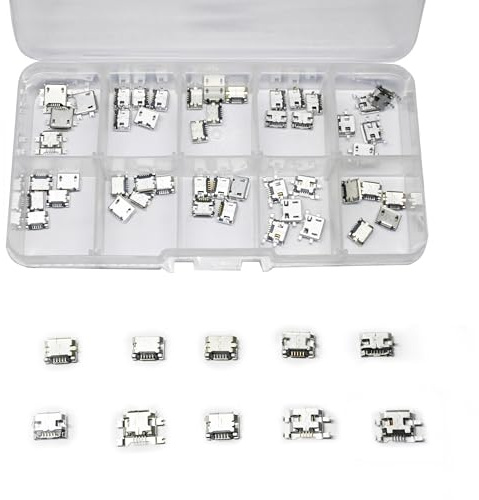 JYCONNECTS Lot de 50 connecteurs micro USB femelles à 5 broches (10 modèles chacun) - Fiche DIP 180° pour réparation - Adaptateur USB de rechange