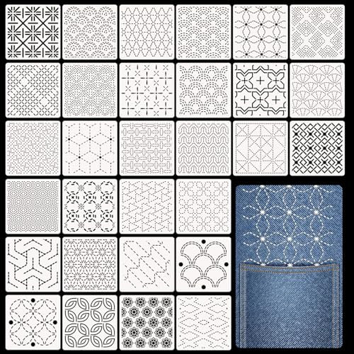 Zernblend 30 Stück Sashiko Stencil Set, 4.7 X 4.7 Zoll Plastikschablonen für Geometrische Muster, Handquilten, Nähen Und Textilgestaltung, Buchstaben Schablone, Prägeschablonen