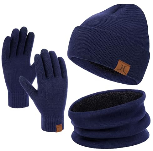Winter Warm Mütze Loop Schal und Touchscreen Handschuhe Set für Herren und Damen, Wintermütze Strickmütze Beanie Schlauchschal Winterhandschuhe Strickhandschuhe mit Fleece Gefütterte, Blau