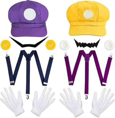 DTAOZFA 26 Stücke Super Brothers Zubehör, Super Bros Kostüm für Cosplay, Erwachsene Karneval Mütze Hut, Th (28, Gelb + Lila, M)