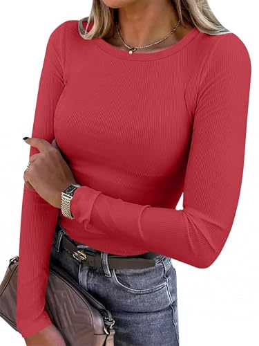 Chicrise Long Sleeve Tops Women Round Neck Basic Slim Fit Knitted Sweatshirts Lightweight Plain Crop Tshirts Red Means 12-14