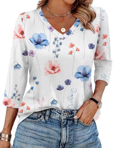 WIHOLL Tops for Women 3/4 Length Sleeve V Neck Casual Tunic Ladies Tops Basic Shirts Loose Fit Blouse White Floral Size 14-16
