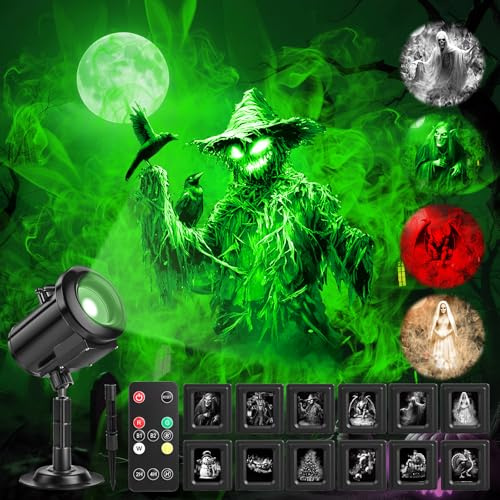 Proiettore natalizio 12 in 1 per Halloween, luce decorativa dinamica 3D con 4 colori, proiettore natalizio impermeabile con spaventapasseri/fantasma/gargoyle per la casa e la decorazione delle vacanze