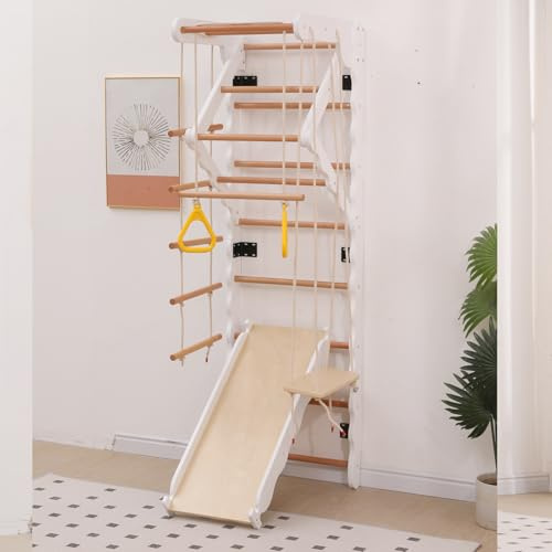 Multifunktionales Indoor-Klettergerüst-Set aus Holz – Vielseitige Sprossenwand mit Kletterwand, Rutschbrett & Turnstation | Für Kinder ab 3 Jahren | Heim-Fitnessstudio-Lösung