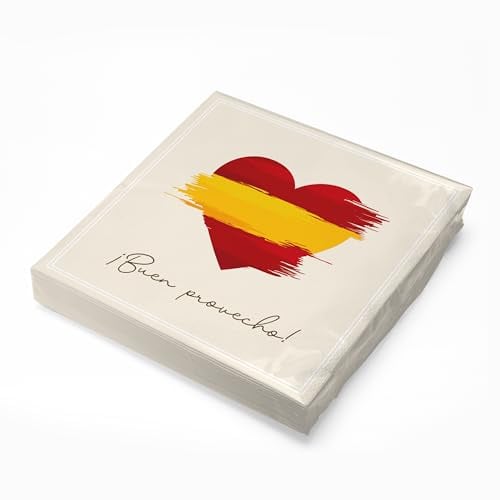 itenga 20x Servietten Spanien Flagge Herz 30x30 cm 3-lagig – ¡Buen provecho! – Papier-Servietten im 20er Pack