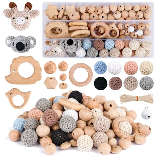 ARTREE Buchenholz Perlen Selber Machen, Beech Holzperlen Rund Holzkugeln mit Loch zum Auffädeln, Holzperle Holzringe Set, Holzperlen Holz Perlen für basteln DIY, DIY Bastelset