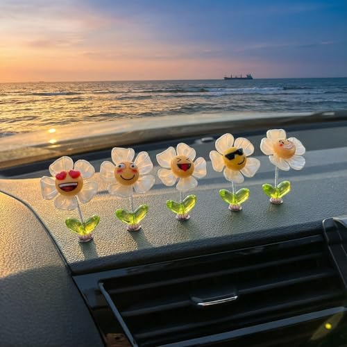 Bailtouk 5 Stück Fröhliche Blume Auto Innenraum Deko, Shake Fröhliche Blume Auto Ornamente, Niedlicher Auto Rückspiegel Armaturenbrett Deko Lustige Autozubehör für Fahrzeugfenster, Zuhause, Büro