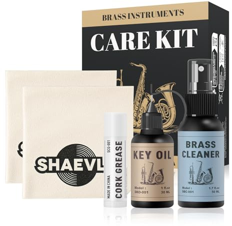 Shaevle BrassCare Essential Maintenance Kit — Universal Brass Instrument Cleaning & Care Kit for Trumpet, Trombone, Cornet - Key Oil, Brass Cleaner, Cork Grease, Cleaning Cloths for Brass Polishing