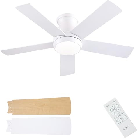 CJOY Ventilador de Techo 106CM, Ventilador de Techo Silencioso Blanco/Madera, Ventiladores de Techo con Luz Regulable, 6 Velocidades, 5 Aspas Reversible DC, Para Dormitorio/Salon/Habitación