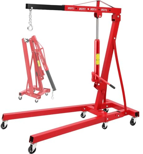 GarveeLife 2 Ton Folding Engine Hoist, 4400 Lbs Hydraulic Shop Crane with 6 Swivel Casters, Adjustable Lifting Arm, Engine Lift Cherry Picker for Garage, Warehouse, Workshops, DIY Auto-Repairs, Red