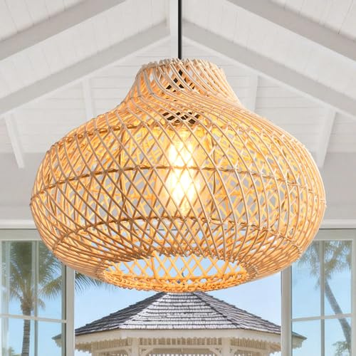Parrot Uncle Boho Rattan Pendelleuchte, 48cm Natürlicher Bambus Lampenschirm, Korb Hängelampe, Höhenverstellbar, E27-Fassung für Esszimmer, Wohnzimmer,Flur(keine Glühbirne) [Energieklasse A]