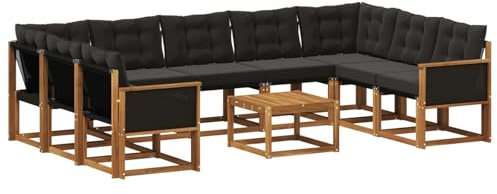 vidaXL Outdoor-Sofagarnitur mit Kissen 10 pcs Natürlich und Schwarz, Moderne Gartenmöbel, Akazienholz-Sofa, Textilene-Rücken, strapazierfähige Sitzmöbel, Bequeme Liegeplätze