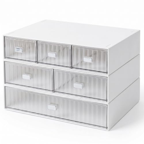 Desk Organiser with 6 Drawers, 3 Layer Stackable Desktop Storage Small Item Storage Desktop Drawer Unit for Office Stationery Makeup Craft School & Dressing Table Desktop Drawers 23x16.5x15cm-W