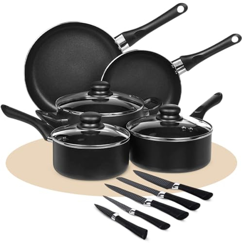 Dekohome Bateria de Cocina de 8 Piezas. Juego de Ollas y Sartenes Completo: 2 Sartén 2 Cazo 1 Cacerola 3 Tapas de Cristal. Aluminio con Mangos de Baquelita, Incluye Set de 5 Cuchillos