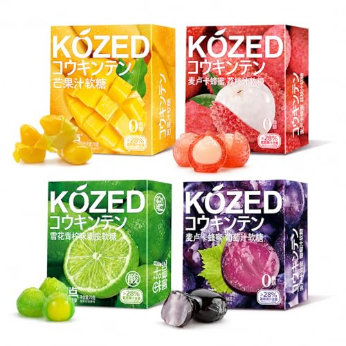 Peeling Soft Candy 70g, Schälbare Fruchtbonbons mit 28% Saftgehalt, 4 Sorten Mango, Litschi, Limette und Traubensaft, Weiche Kaubonbons für Zuhause, Büro, Reisen und als Mitbringsel