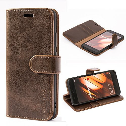 Mulbess Retro Handyhülle für Huawei P10 Hülle Leder, Handmade Magnetische Klapphülle mit TPU Stoßfeste, Kartensteckplatz, Vintage Kaffee Braun