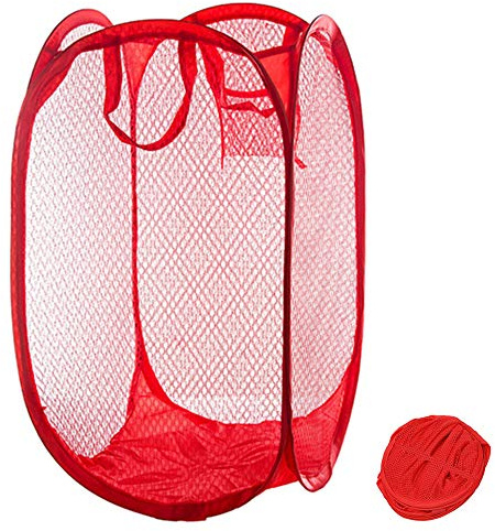 Qtopun Mesh Popup Laundry Hamper Foldable Laundry Basket Portable Dirty Clothes Basket Collapsible Dirty Clothes Hamper for Bedroom, Kids Room, College Dormitory and Travel (Red)