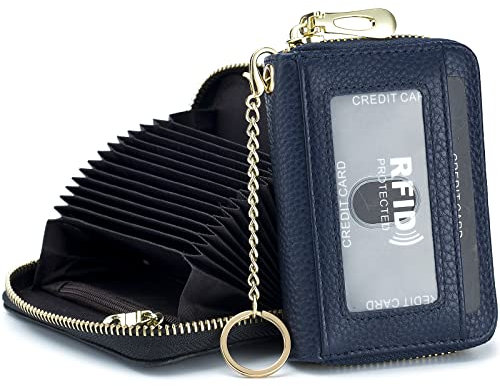 imeetu Card Holder for Women RFID Card Holder Wallet Slim Leather Cardholder Damen with 12 Card Slots, 2 Wide Cash Slots, Keyring & ID Window (Small,Dunkelblau)