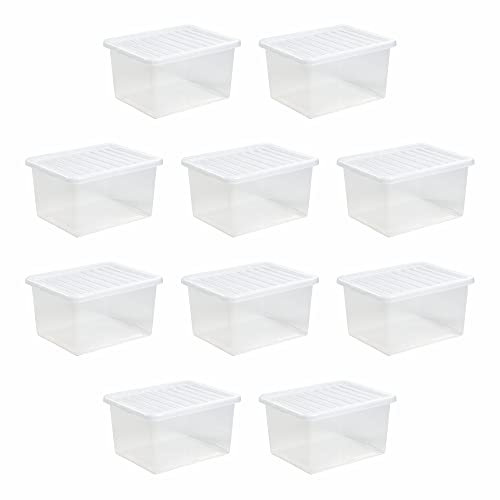 (Pack of 10) 37 Litre Large Big Plastic Storage Clear Box with Lid Strong Stackable Container Made In U.K (10)