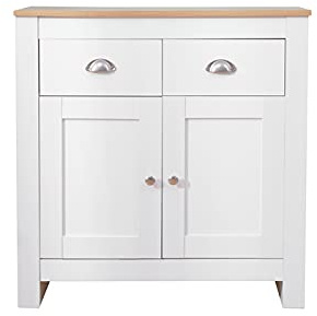 FurnitureHMD Home Storage Sideboard Cupboard with 2 Doors and 2 Drawer Modern Cabinet Organiser Unit White and oak