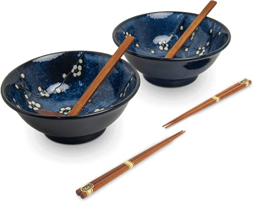 SCHALEN SET | 2-er Set Schalen | Ramen Bowls | Original Japanisch | Porzellan | In Geschenkbox | Ø 22 x 9cm | Hana Blue