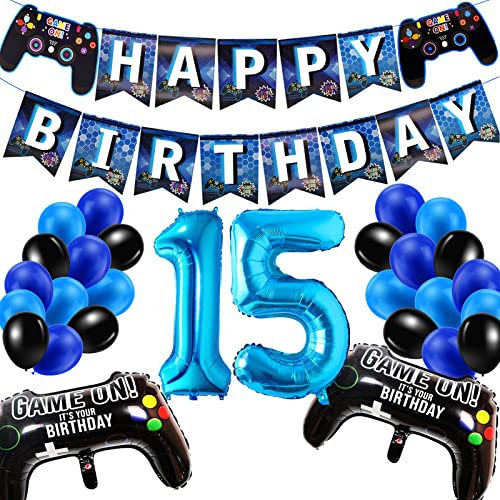 Geburtstagsdeko Jungen 15 Jahre, Gamer Deko Geburtstag, Happy Birthday Girlande Banner Deko Junge, Gamecontroller Luftballons Schwarz Blaue Ballons Set für Kinder Videospiel Thema Party Zubehör