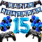 Geburtstagsdeko Jungen 15 Jahre, Gamer Deko Geburtstag, Happy Birthday Girlande Banner Deko Junge, Gamecontroller Luftballons Schwarz Blaue Ballons Set für Kinder Videospiel Thema Party Zubehör