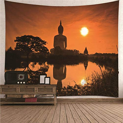 EHOMERY Wandteppich Yoga Wandtuch Kinder Orangeschwarz Sonnenuntergang-Buddha Wandbehang XL 3D Wanddekor Wandschmuck Groß Schlafzimmer Wohnzimmer Wanddekoration 350X256Cm