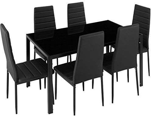 TecTake® Conjunto de Mesa y 6 Sillas de Comedor, Atractivo Diseño, Alto Confort, Tablero de Vidrio, Sillas Comedor Modernas, Sillas de Cocina, Muebles Salon Modernos - Negro/Negro