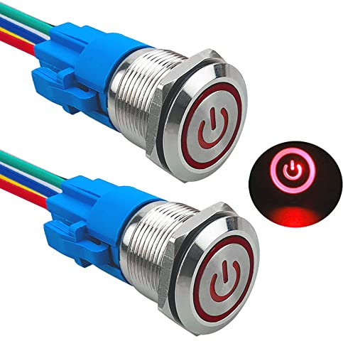 Aiqeer 2 Stück 19 mm Rastend Druckschalter, 12V / 24V 5A Auto Zündung Starter Schalter, IP67 Wasserdichter Edelstahl Druckschalter, mit Vorverdrahteter Steckdose (Rot LED)