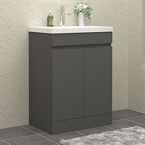 HAPAOSO Waschtisch mit Unterschrank 60 cm Breit Stehend Grau Badmöbel Set 2 Soft-Close Türe MDF-Platte