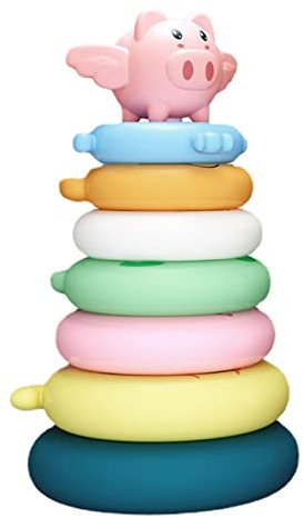 Blue Fish Ringstapel Spielzeug - Stapelspielzeug Mit Ringen | Squeeze Zahnen Babyspielzeug | Schwein Regenbogen Stapelspielzeug | Stapelturm Baby Lernspielzeug Für Kinder, Jungen, Mädchen