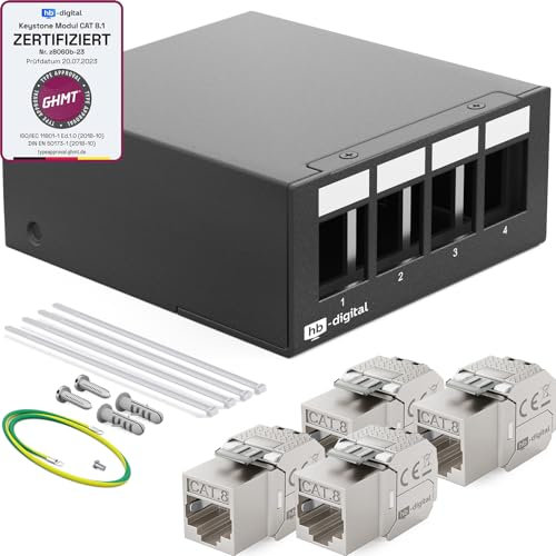 hb-digital Kit : boîtier de panneau de brassage à 4 ports pour modules Keystone + 4 prises RJ45 Cat.8 pour installation en réseau compatible avec câble de pose LAN Ethernet | Noir