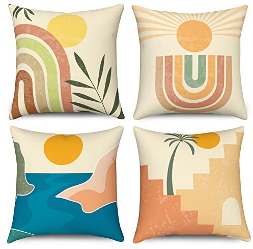 Hnmdmyi Kissenbezug Boho 50x50 4er Set, Mid Century Abstraktes Blatt Sonne Regenbogen Dekorative Kissenbezüge Modern Geometrisch Ästhetisch Kunst Leinen Kissenhülle für Sofa Couch Outdoor Home Decor