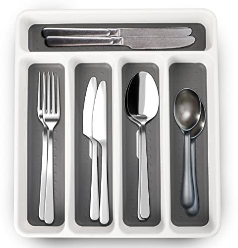 Cutlery Organiser Tray – 5 Compartments Non-Slip Kitchen Drawer Organiser – 27.5 x 32.5 x 4.2cm Plastic Tray – Grey and White Cutlery Holder For Kitchen Drawer – For Spoons, Knives, and Forks