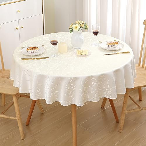 Homaxy Tischdecke Abwaschbar Rund 140cm Polyester Tischtuch Tafeldecke Jacquard Tischwäsche Ornamente Schmutzabweisend Pflegeleicht, Beige