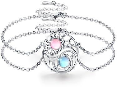 Waysles 2 Stücke Bff Armband Mond Sonne 925 Sterling Silber Schwestern Armband Runden Kristallen Mondstein Sonne Mond Freundschaftsarmband Bff Schmuck für 2 Mädchen