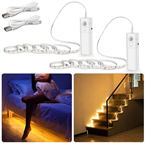 WOBANE Tira led Sensor Movimiento 2 Metros, Tiras Luces Led Pilas Recargable, Luz Nocturna Adhesiva Blanco Cálido para Armario Escaleras Sótano, 2PCS