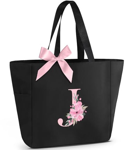 Vavabox Handtasche Damen A-Z Reißverschluss Schultertasche, Geschenke für Damen,Bräute und Brautjungfern, Arbeit,Reisen,Einkaufen,Schule (J, Schwarz)