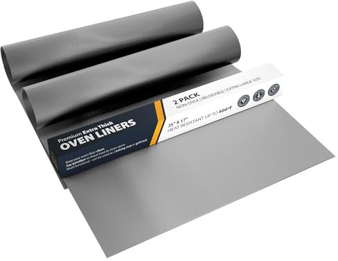 Linda's Essentials Extra Large Oven Liners for Bottom of Oven (2 Pack) - Universal Non-Stick Liner for Fan Assisted Cooking, 63.5 x 43 cm Kitchen Protector Sheets, Save Time & Clean Easily (Silver)