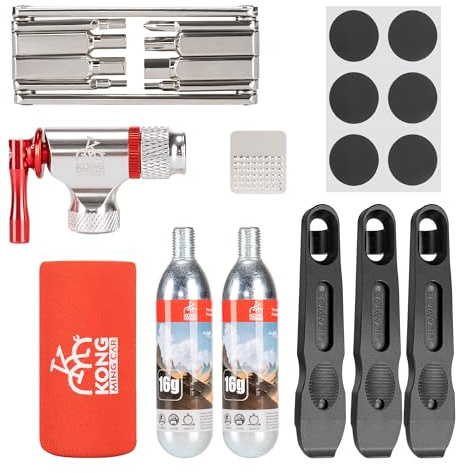 KONG MING CAR Bike Repair Tool Kit-Co2 Inflator Kits with Co2 Cartridges,8 in 1 Multi Tools, Tire Tube Patches & Tire Levers Included- Bike Maintenance Emergency Repair Tool Kit