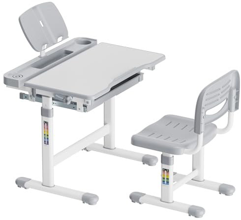 Toboli Kinderschreibtisch mit Stuhl, mitwachsender Schreibtisch für Kinder neigungs-/höhenverstellbar mit Schublade und Buchstütze