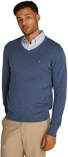 Tommy Hilfiger Pull Homme Essential Cotton Col en V, Bleu (Aegean Sea Heather), S