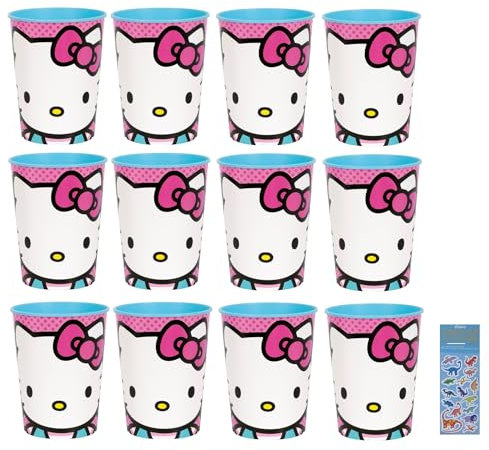 Hello Kitty Birthday Party Supplies Bundle includes 12 Plastic Reusable Cups 16oz and 1 Dinosaur Sticker Sheet