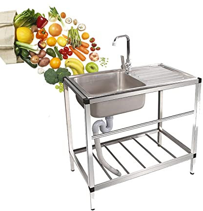 GODFSAHG Fregadero de Acero Inoxidable, Fregadero Comercial, Mesa de Acero Inoxidable con Fregadero, Cocina pequeña para Espacios pequeños, Fregadero portátil con Agua fría y Caliente, para