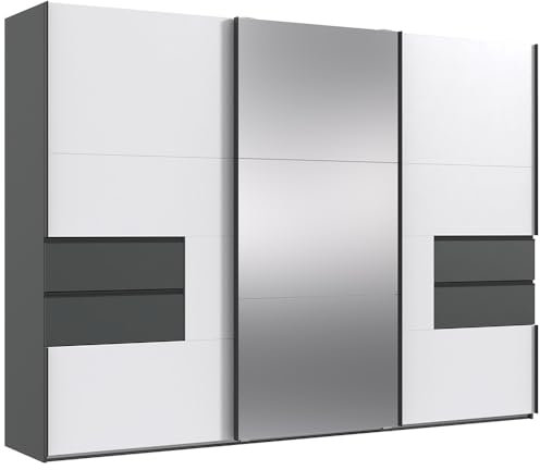 Lomadox Kleiderschrank Garderobenschrank Wardrobe Schwebetürenschrank mit Spiegeltür 300 cm breit in weiß mit Graphit