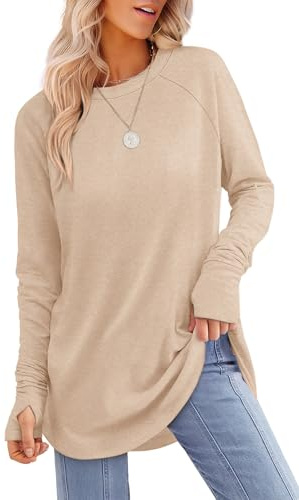 XIEERDUO Long Shirts to Wear with Leggings Long Sleeve Plus Size Tunics for Curvy Women Fall Outfits for Women 2025 Boho Tops Beige XXL